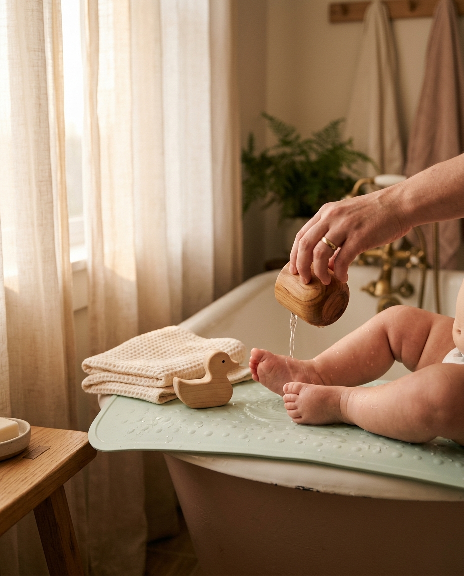 Hand pouring water from a wooden cup onto a toddler's feet during bath time
