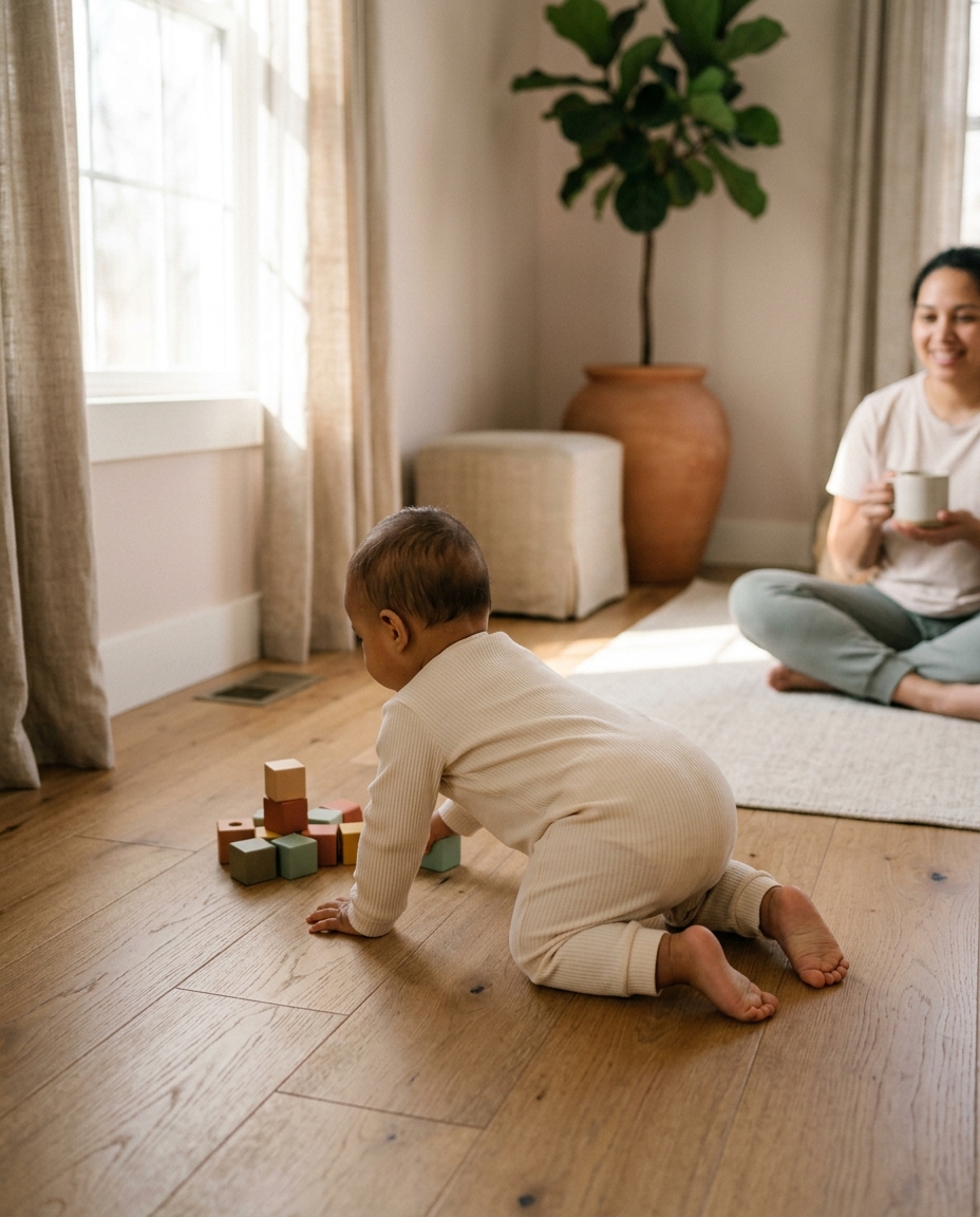 9-month-old baby crawling confidently toward wooden blocks in morning light