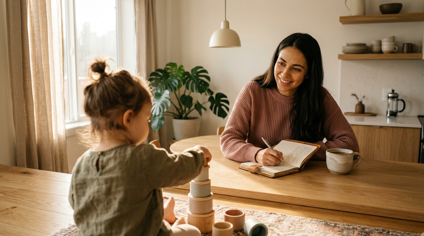 Mother journaling at a sunlit kitchen counter while her toddler plays nearby