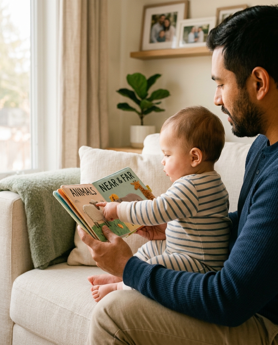 Parent reading a board book with a 10-month-old baby on a cream couch