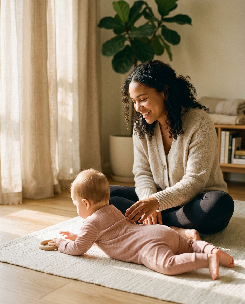 Mother beside her baby during tummy time, warm window light